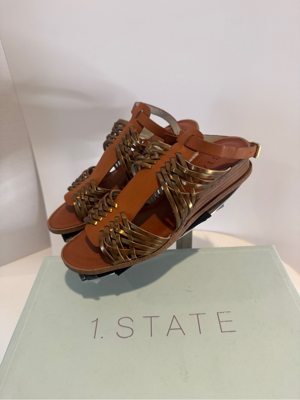 1. State Maliyah Tan Leather Sandals with Gold Braided Straps size 6.5